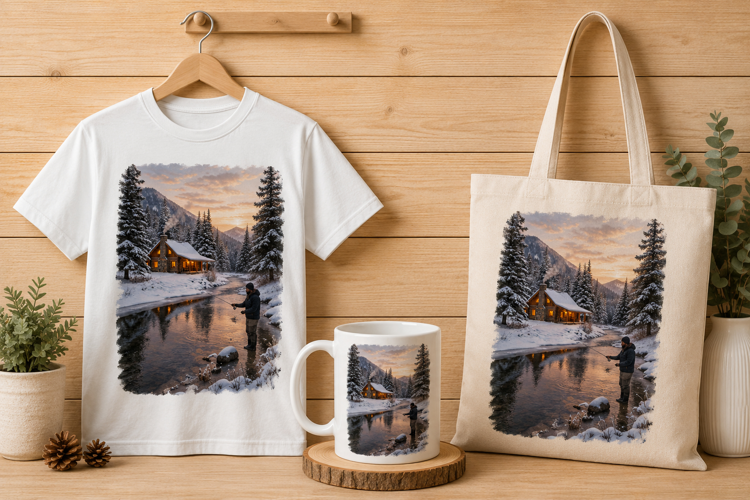 Cozy Winter Cabin and Fisherman Art