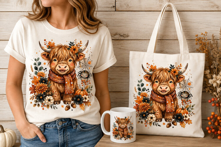 Spiderweb Scarf Highland Cow Autumn Halloween Art example image 1