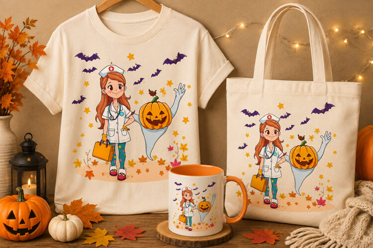 Halloween Nurse PNG | Cute Pumpkin Ghost Fall Clipart example image 1