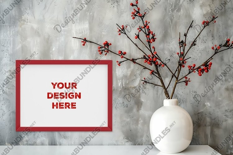 Frame mockup on grunge industrial wall with vase and flowers example image 1