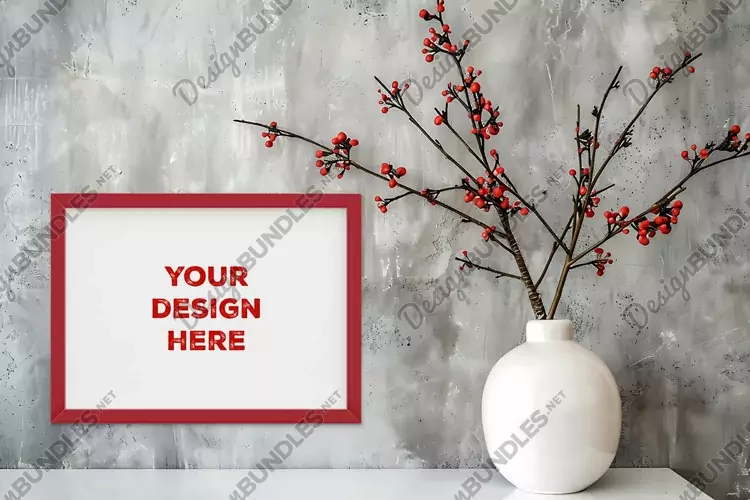 Frame mockup on grunge industrial wall with vase and flowers