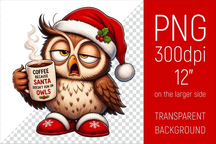 Funny Morning Coffee Owl in Santa Hat | Christmas Clipart example image 1
