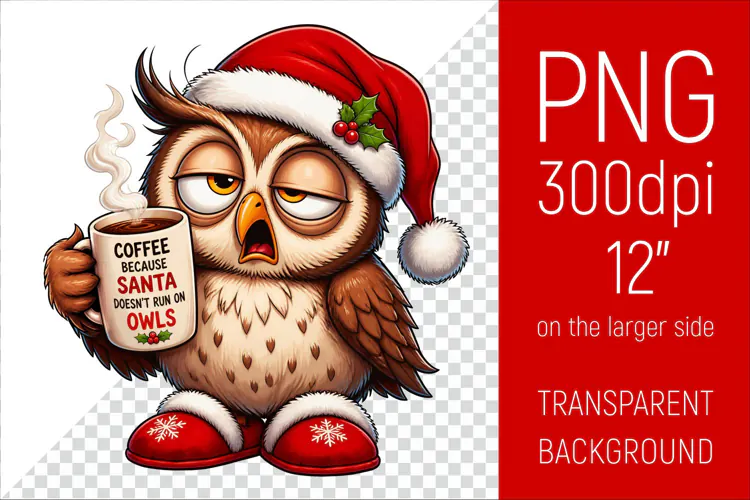 Funny Morning Coffee Owl in Santa Hat | Christmas Clipart