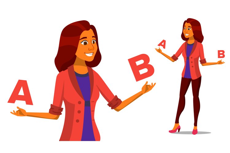 European Woman Comparing A With B Vector. Creative Idea.