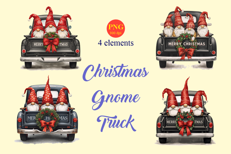 Watercolor Christmas Gnome Truck Clipart Bundle PNG