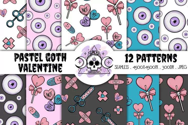 Pastel Goth Valentines seamless patterns / digital papers