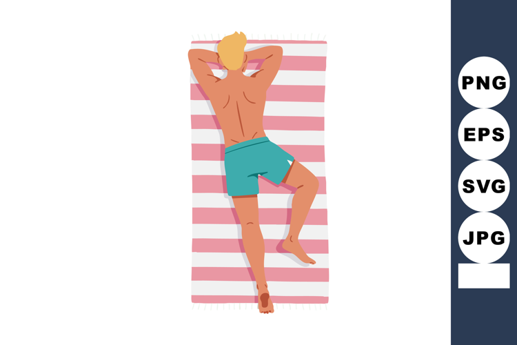Man Relaxing on Striped Towel in Blue Shorts Vector Illustra