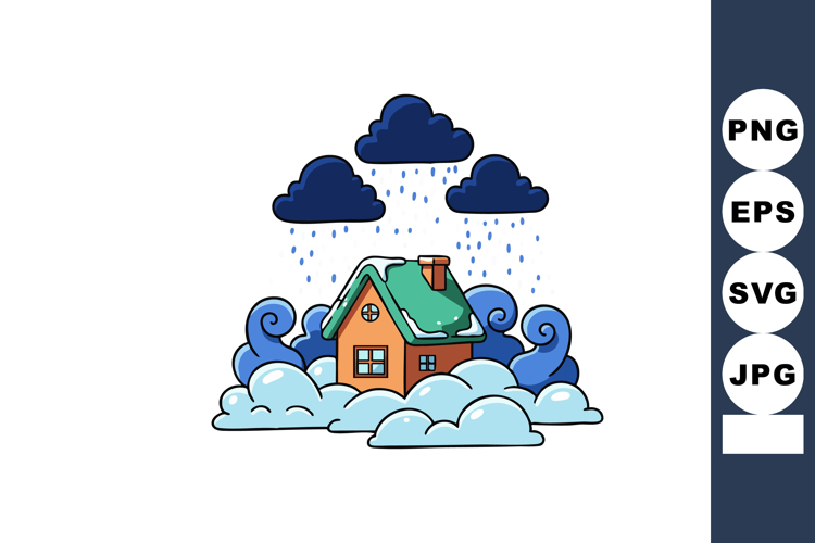 House surrounded by water flood and dark clouds with rain ve