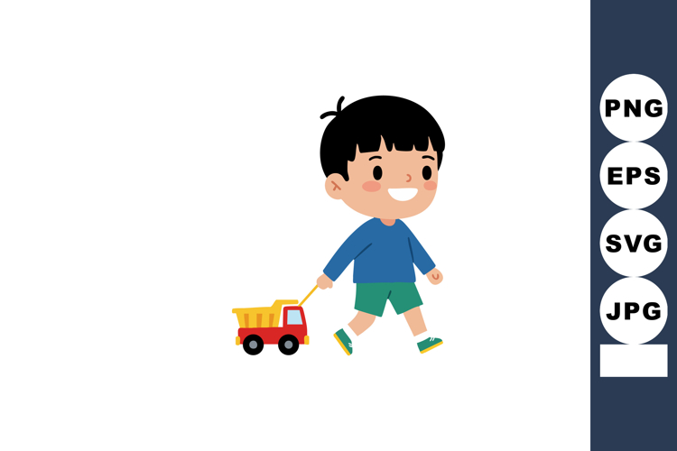 Happy little boy walking with yellow and red toy truck vecto