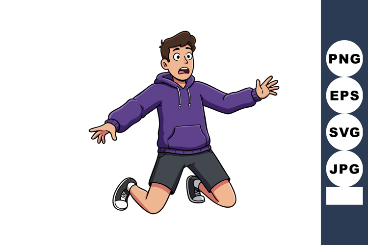 Young man in purple hoodie and black shorts surprised expres