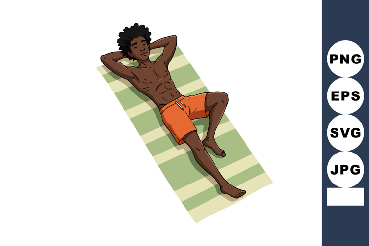 Relaxed young man lying on striped towel resting outdoor in