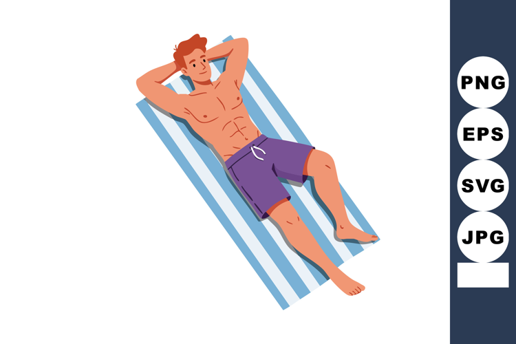 Man Relaxing on Blue and White Striped Towel in Purple Short