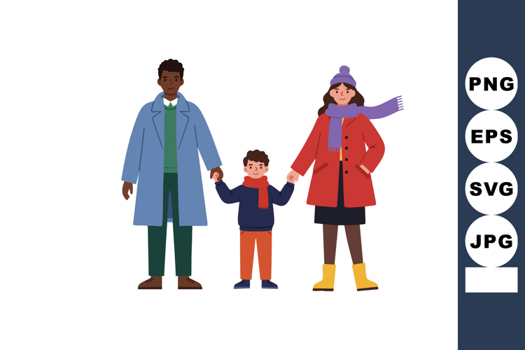 Family with winter clothing holding hands in cold weather ve