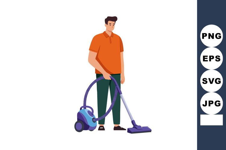 Man vacuuming floor with blue and purple vacuum cleaner in c