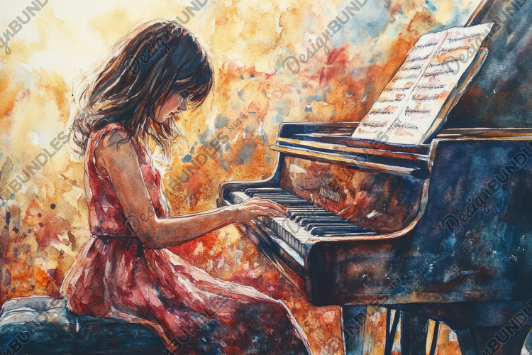 Girl Playing Piano with Painting Background Wallpaper