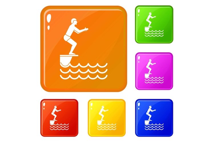 Man standing on springboard icons set vector color