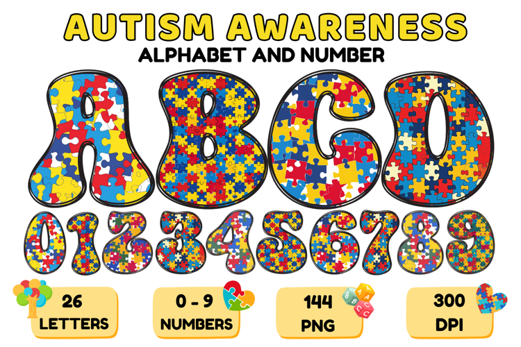 Autism Awareness Doodle Letters Puzzle Piece Alphabet PNG