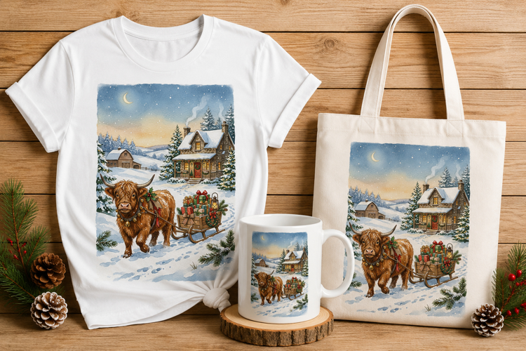 Vintage Christmas Highland Cow Sleigh Watercolor Design