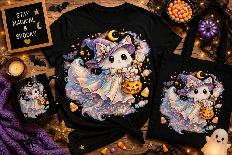 Cute Ghost Cat Witch PNG | Halloween Cat Sublimation Design
