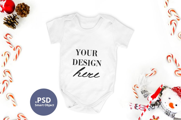 Christmas White baby bodysuit mockup, Winter mockup