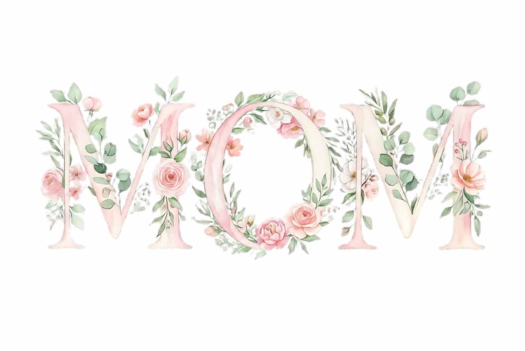 Mom word art in decorative floral letters, flowers growing