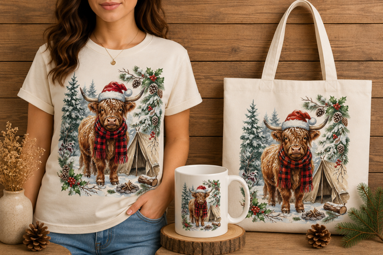 Highland Cow Santa Hat Buffalo Plaid Christmas Art