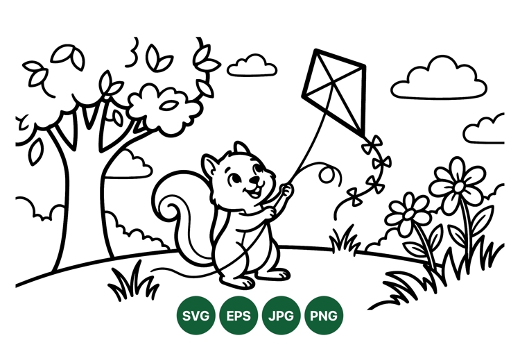 Cute Squirrel Flying Kite Outdoor Illustration