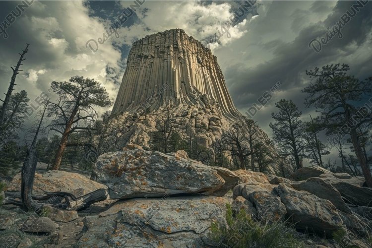 Majestic devils tower under dramatic sky example image 1
