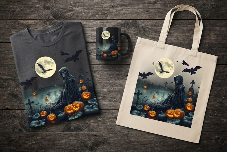 Grim Reaper Graveyard Halloween Design with Moon and Pumpkin example image 1