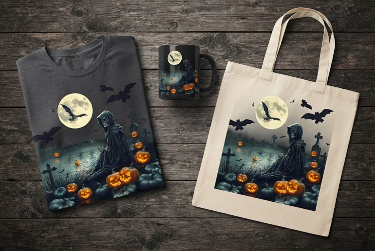 Grim Reaper Graveyard Halloween Design with Moon and Pumpkin