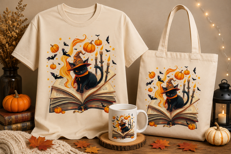 Halloween Witch Cat PNG | Black Cat, Spellbook & Pumpkins