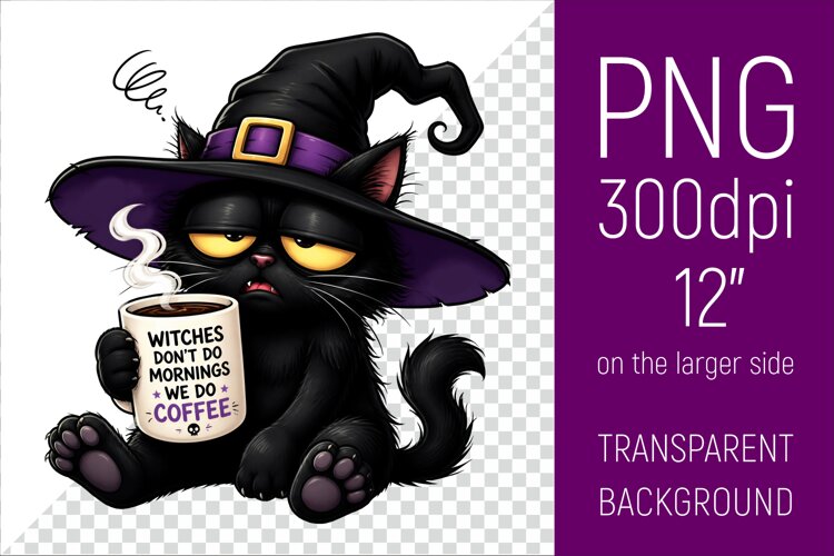 Funny Morning Coffee Cat in Witch Hat | Halloween Clipart example image 1