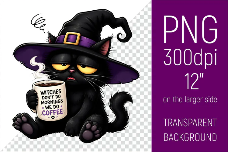Funny Morning Coffee Cat in Witch Hat | Halloween Clipart