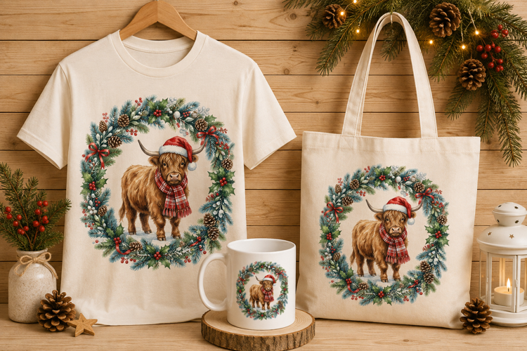Highland Cow in Christmas Wreath Winter Art Print