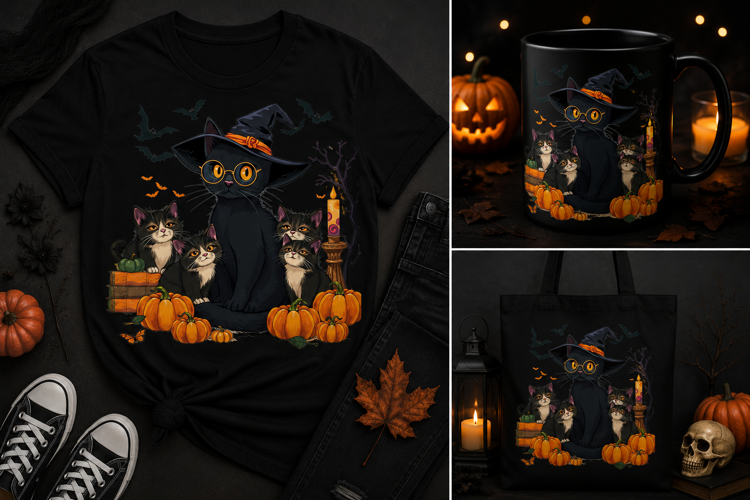 Halloween Black Cat Mom PNG | Witch Cat & Kittens Clipart