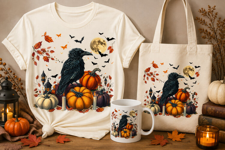 Halloween Raven PNG | Gothic Crow, Pumpkins & Moon example image 1