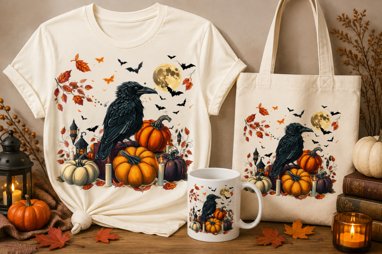 Halloween Raven PNG | Gothic Crow, Pumpkins & Moon
