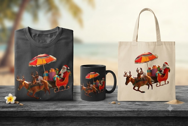Beach Santa Sleigh PNG Tropical Christmas Reindeer Clipart