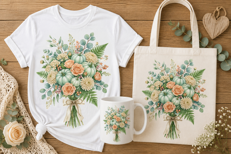 Soft Mint Pumpkin Fall Floral Watercolor Clipart Design