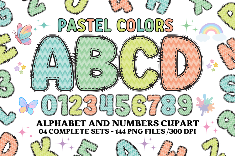 Pastel Patchwork Alphabet & Numbers PNG Clipart Bundle