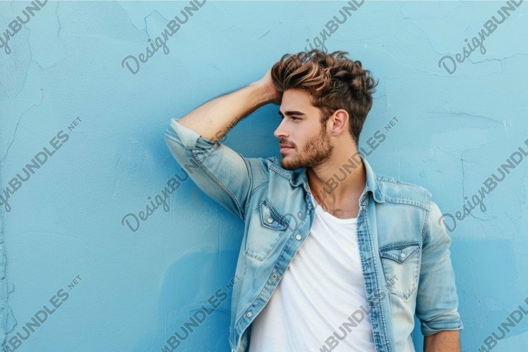 Stylish young man posing against blue wall