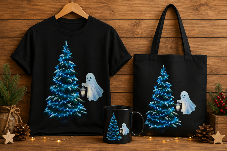 Cute Ghost with Lantern and Blue Christmas Tree Art Print