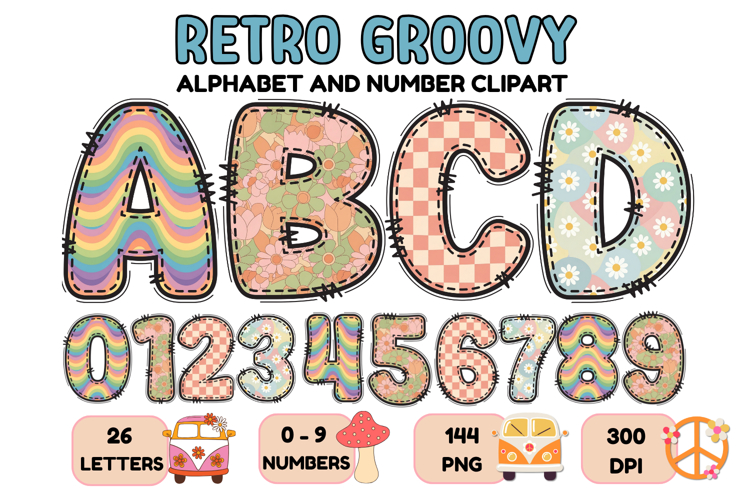 Retro Groovy Alphabert PNG 70s Numbers & Letters 300 DPI