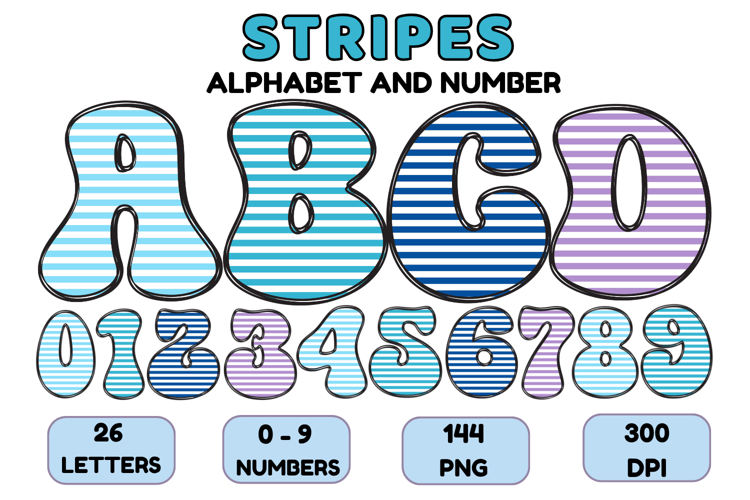 Stripes Alphabet Letters & Numbers Clipart PNG 300DI