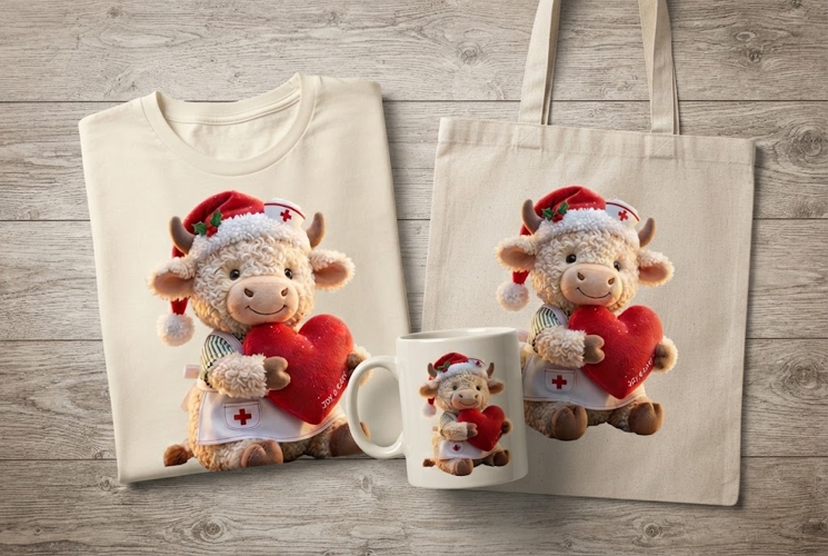 Christmas Nurse Cow Joy & Care Santa Hat Heart Art