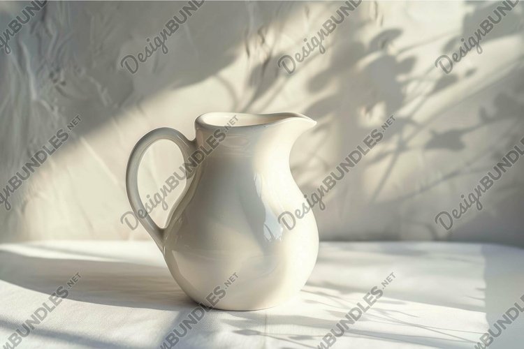 White ceramic milk jug casting shadow on white tablecloth example image 1