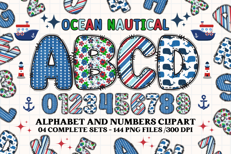 Ocean Nautical png alphabet, ocean nautical letters doodle