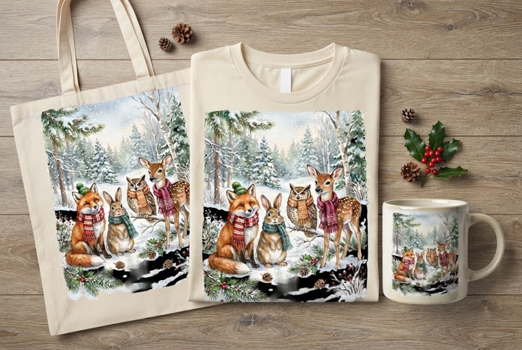 Festive Woodland Animals Christmas Winter Watercolor Art