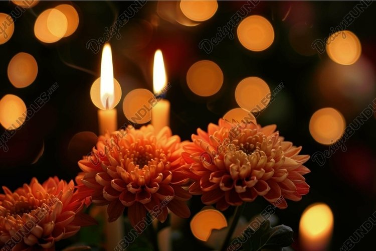 Orange chrysanthemums illuminated by candlelight in a festiv