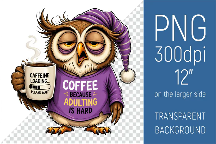 Funny Morning Coffee Owl |Cute Coffee Lover Clipart